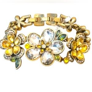 Heidi Daus 3 Flower Floral Gold and Yellow Bracelet Crystal Pave